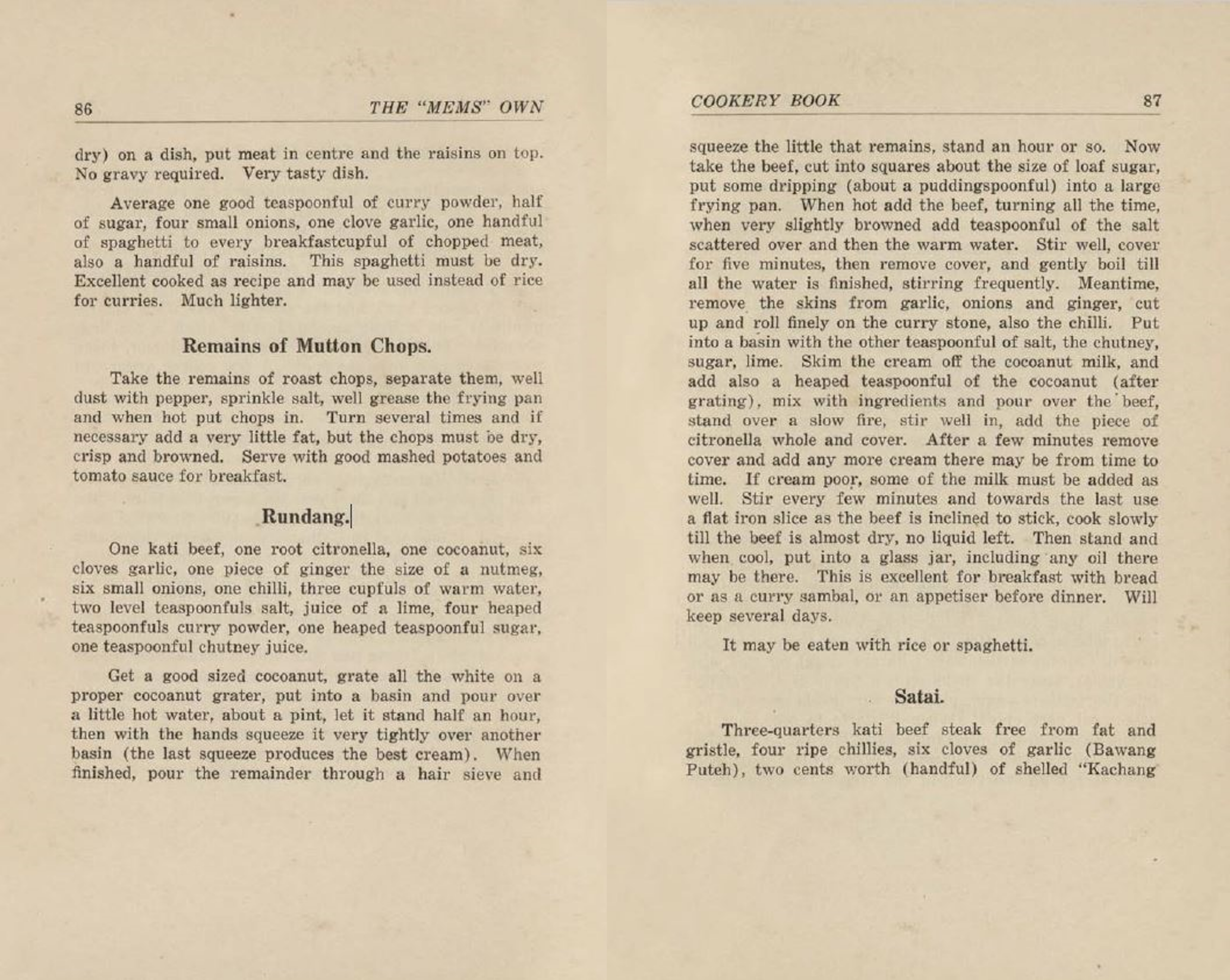 Two pages from a vintage cookbook detailing recipes for mutton chops, beef rendang, and satay with step-by-step instructions.